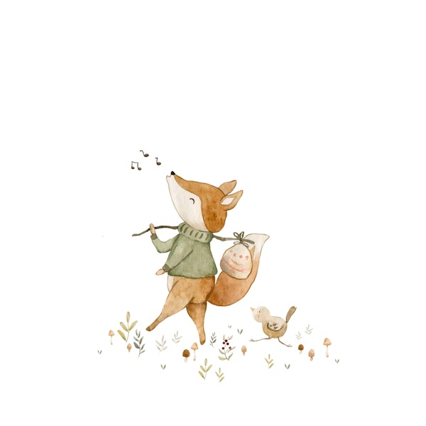 Wandering Fox with Bird Left on White