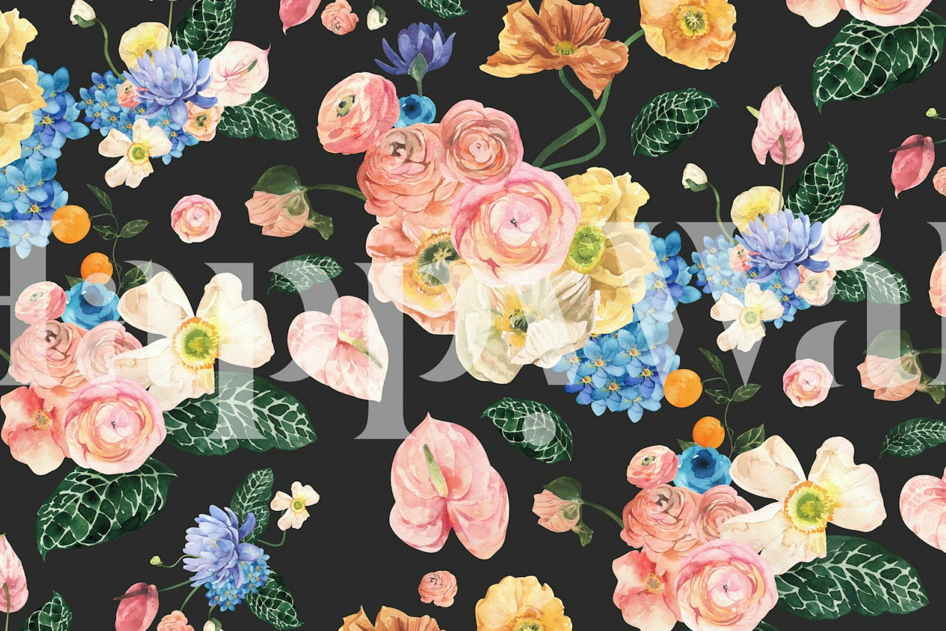 Colorful flower pattern on black background wallpaper