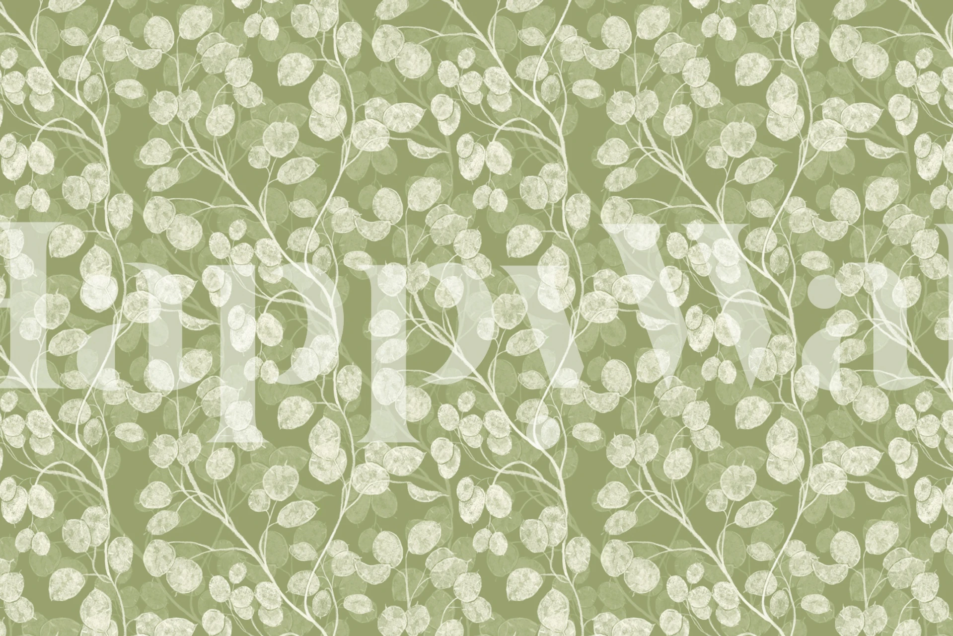 Sage green floral wallpaper with white leaf patterns