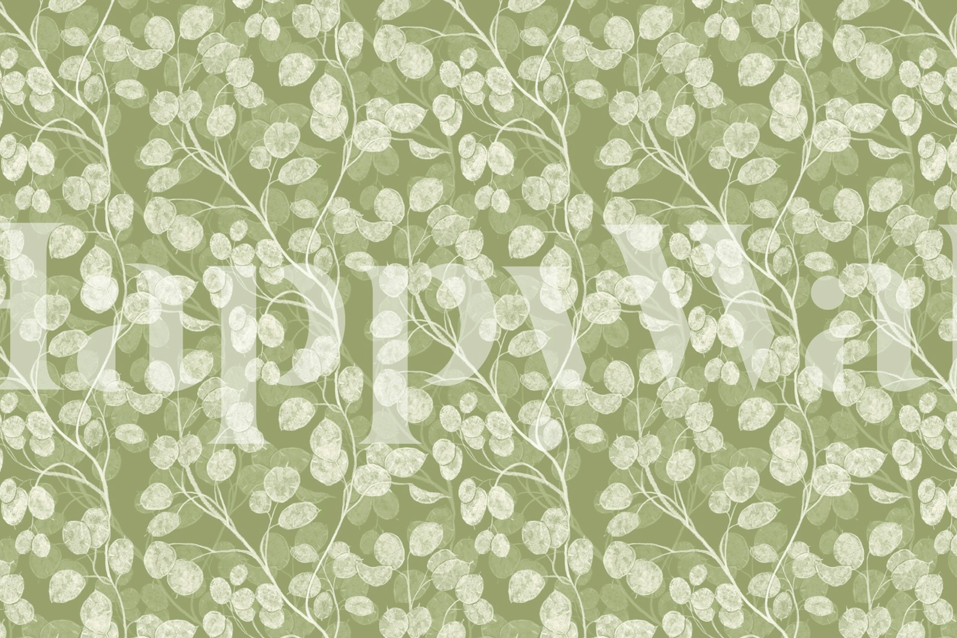 Honesty sage green floral papel de parede em um quarto