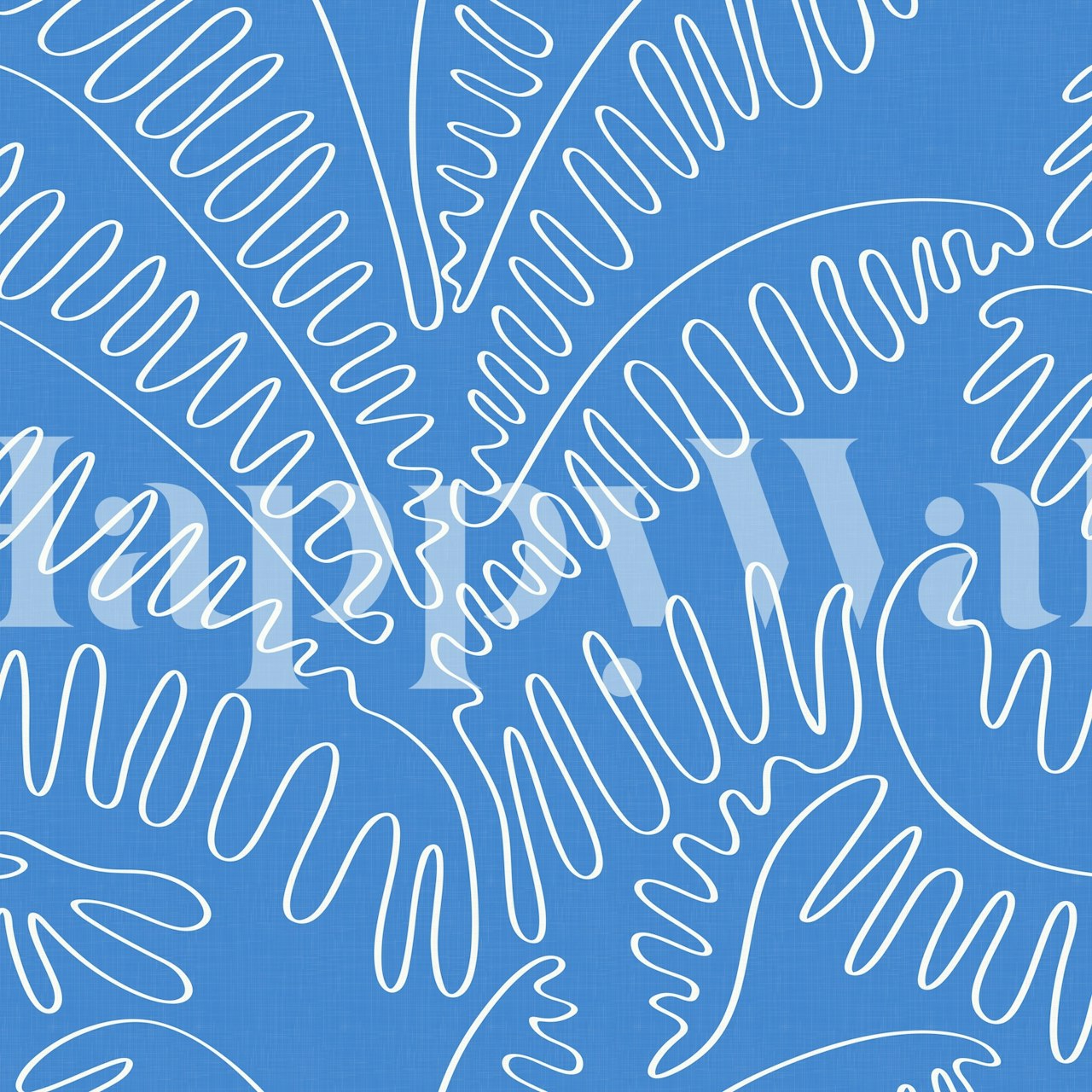 Line Art Palm Leaves Azure Blue wallpaper in a room