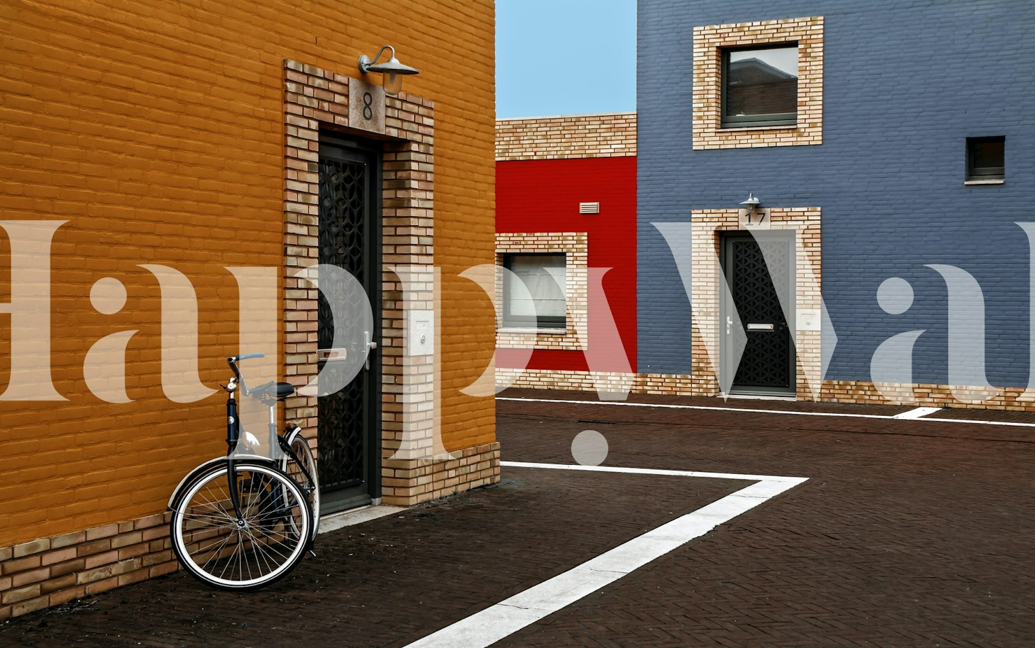 Colorful building facades wall mural with a bicycle in the forefront