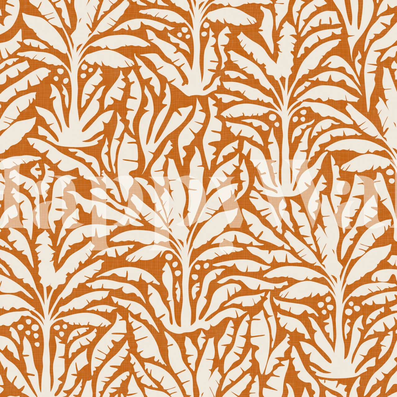 Tropical palm leaf pattern in burnt orange and white wallpaper