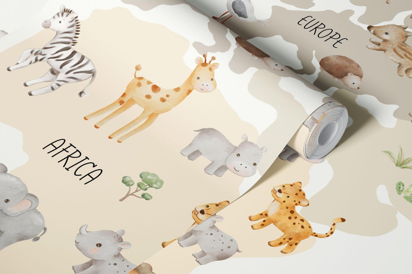 Animals Around the Globe Map on Off White wallpaper roll