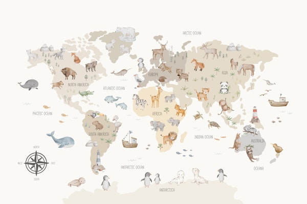 Animals Around the Globe Map on Off White