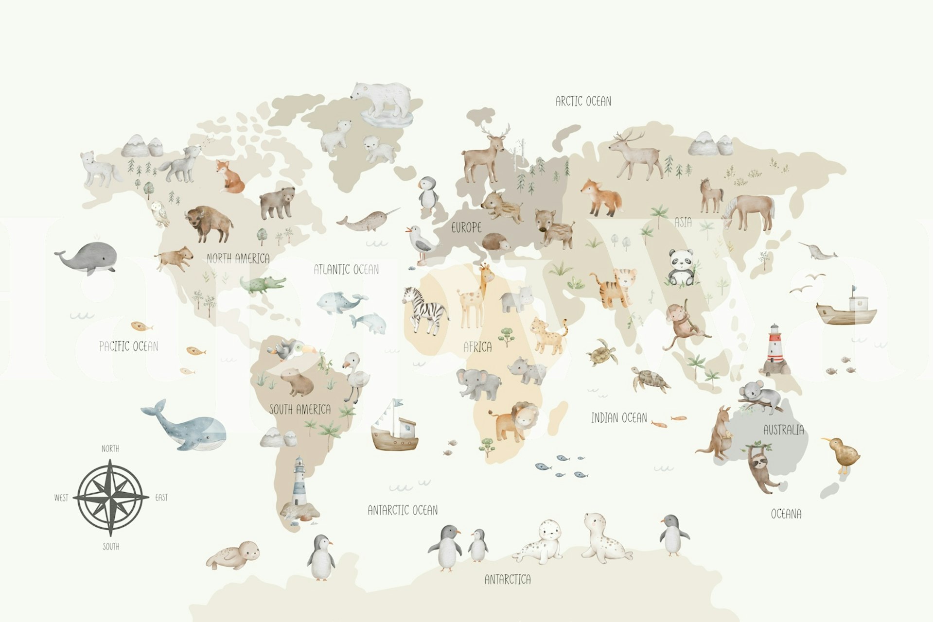 Animals Around the Globe Map papel tapiz en una habitación