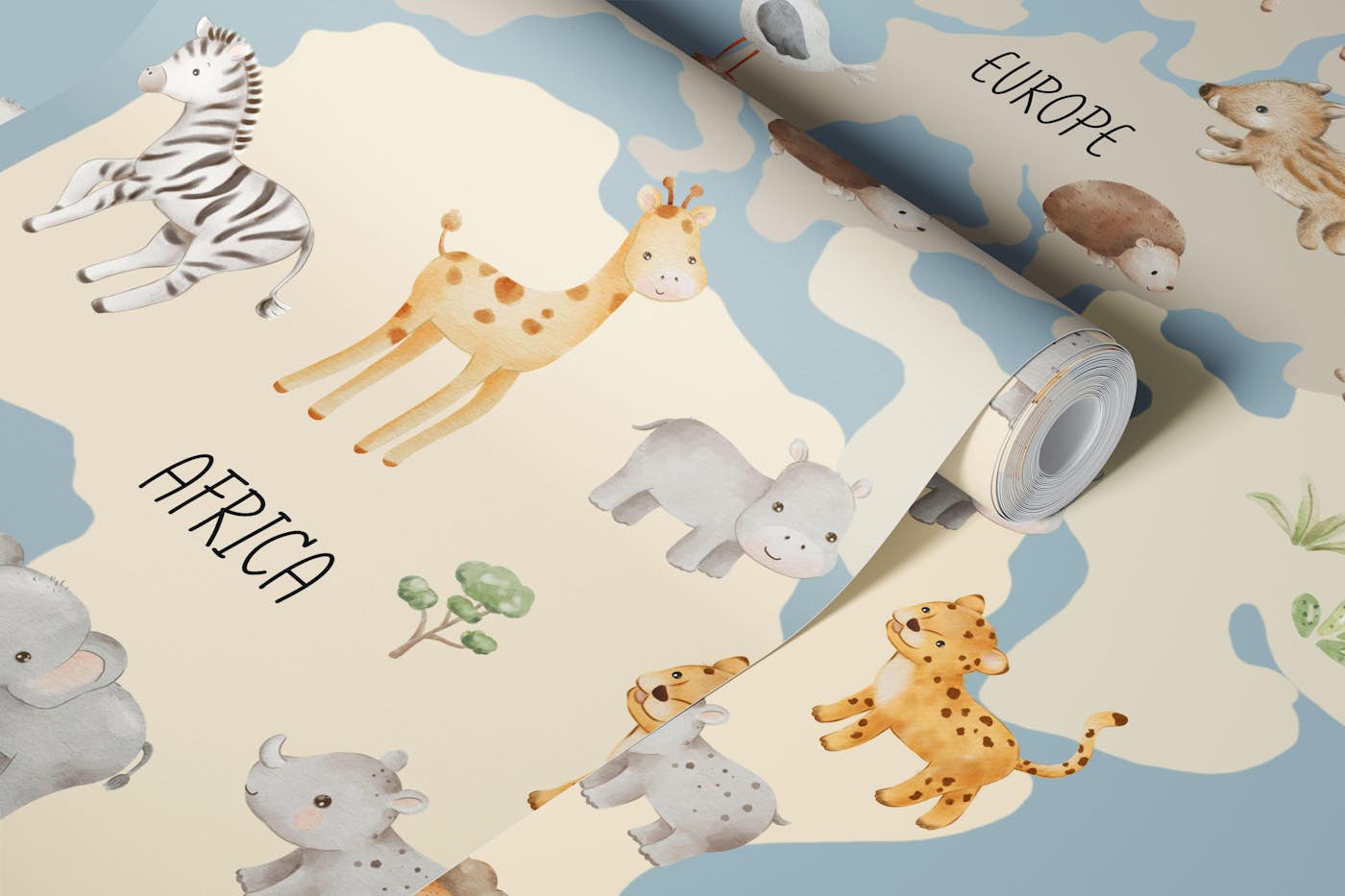 Kids Animal World Map on Blue wallpaper roll
