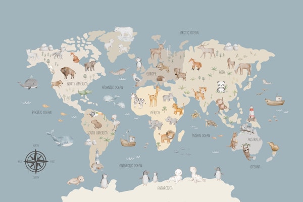 Kids Animal World Map on Blue