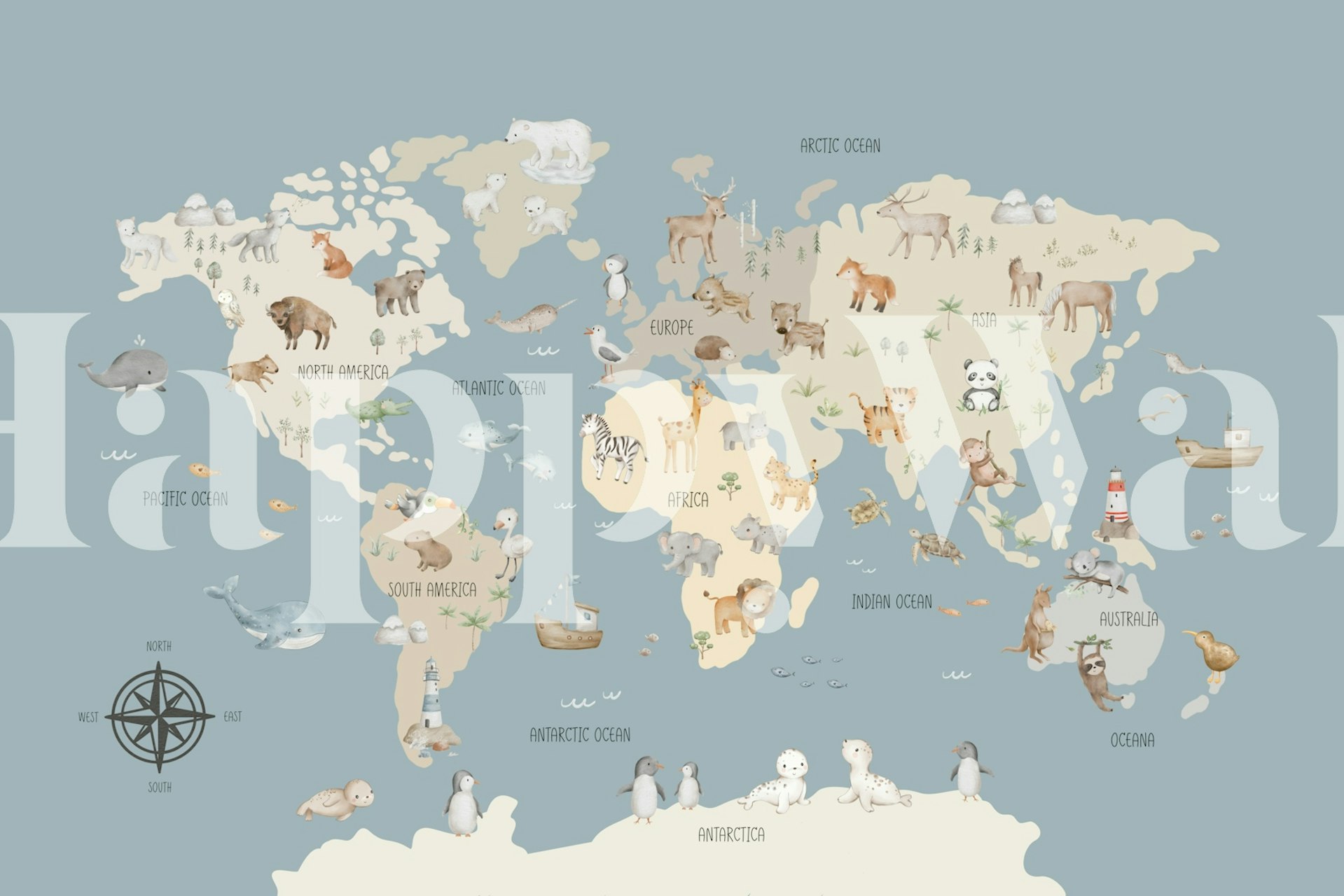 Kids animal world map in soft blue tones with cartoon animals