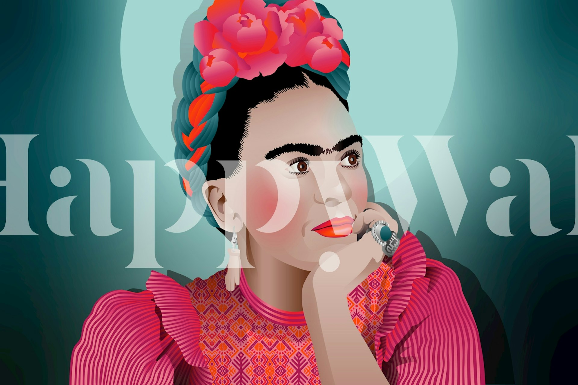 Frida Kahlo portrait with flowers, pink, teal, artistic wallpaper