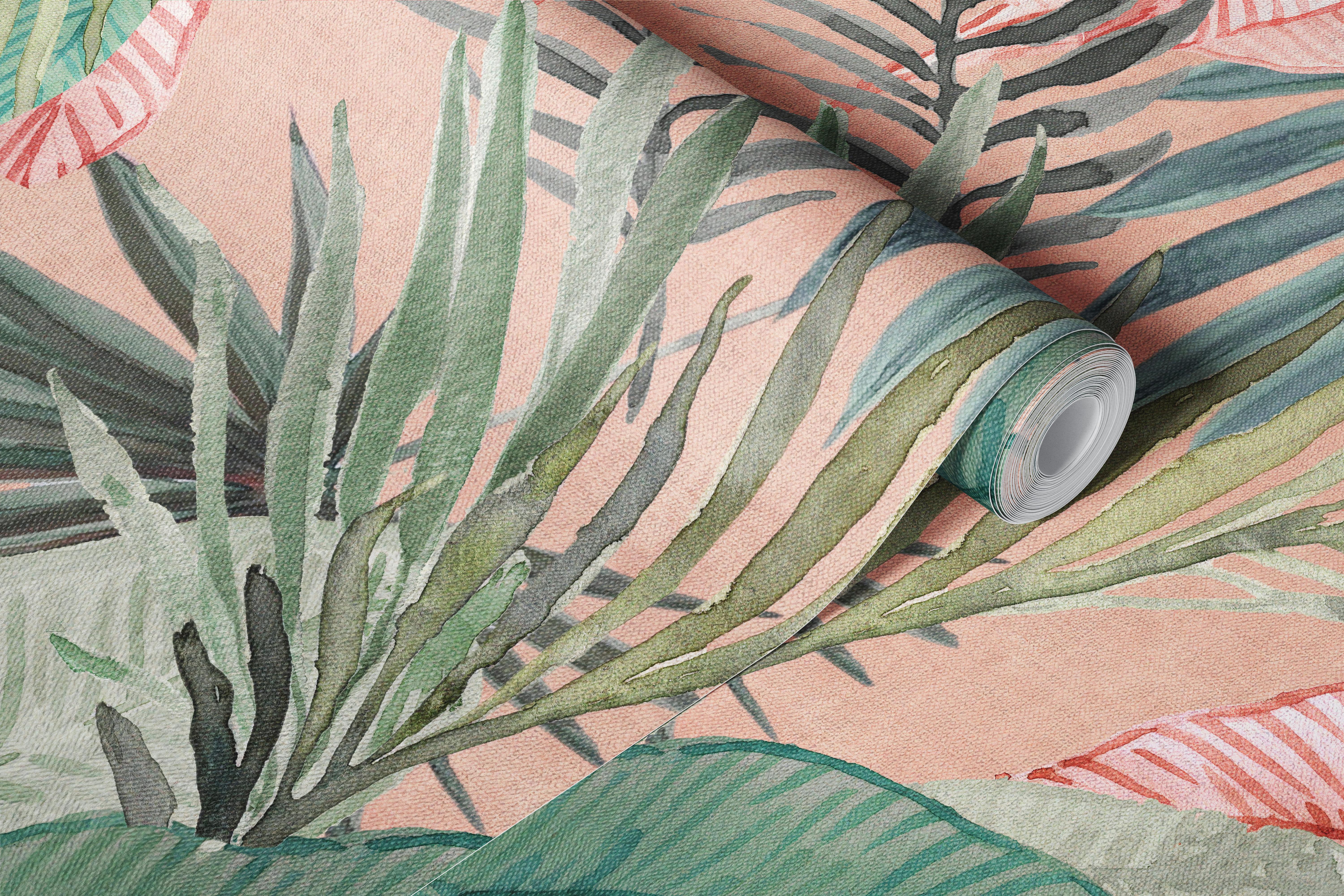 Pink tropical leaf wallpaper in a room