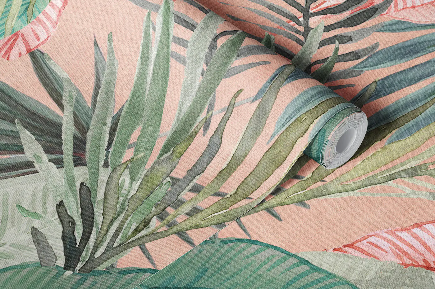 Tropical watercolour Jungle leaves - pink wallpaper roll