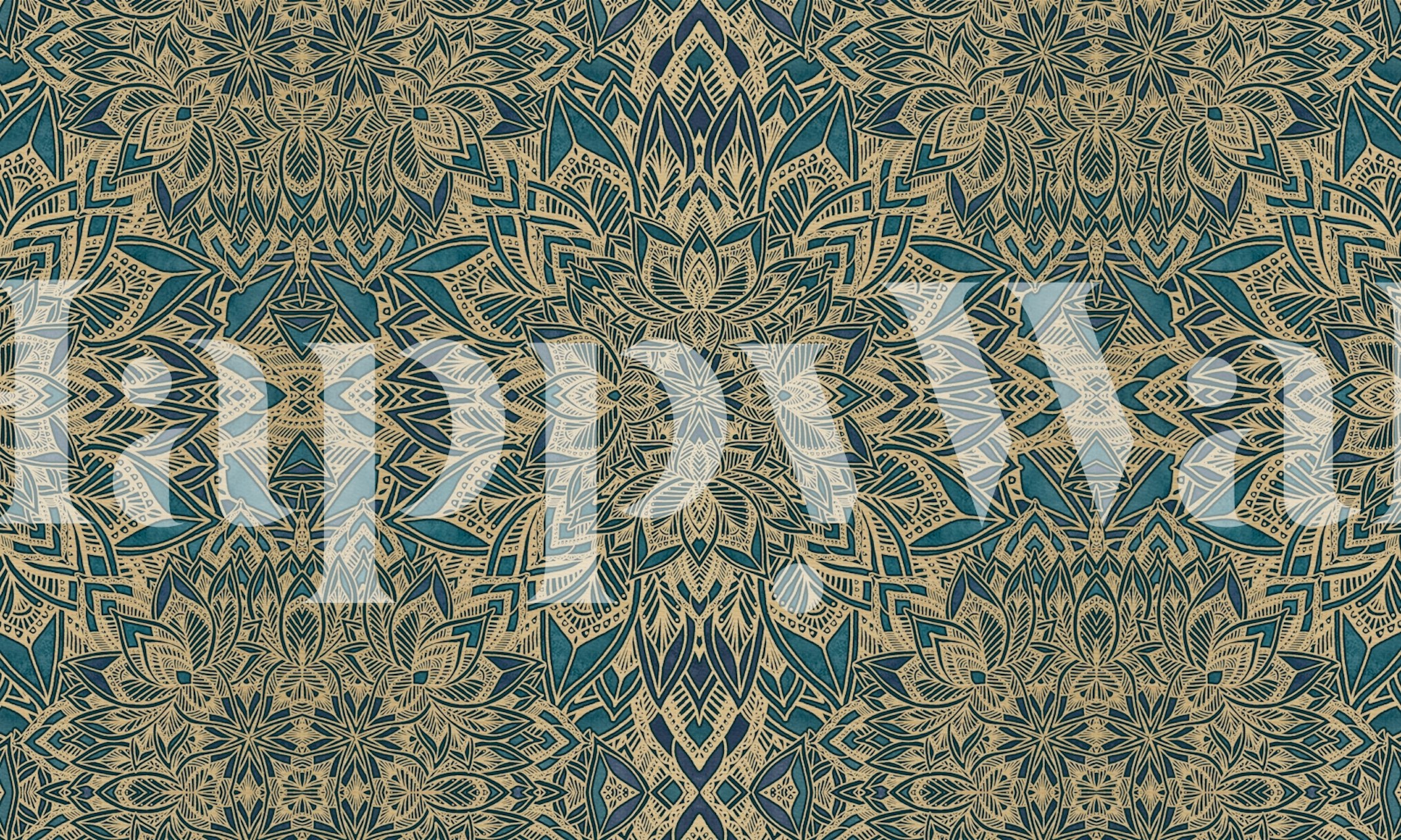 Teal and gold mandala pattern wallpaper in art deco style