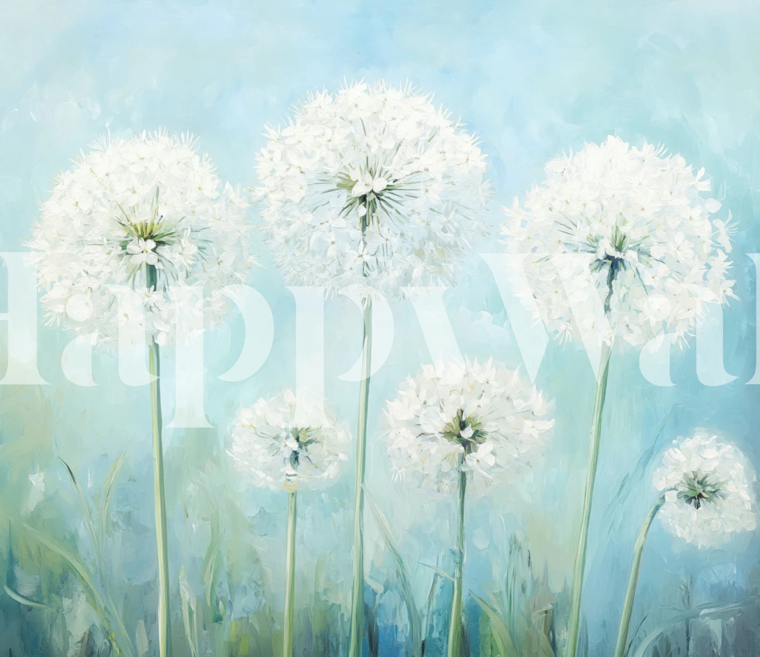 White dandelions on blue background wallpaper