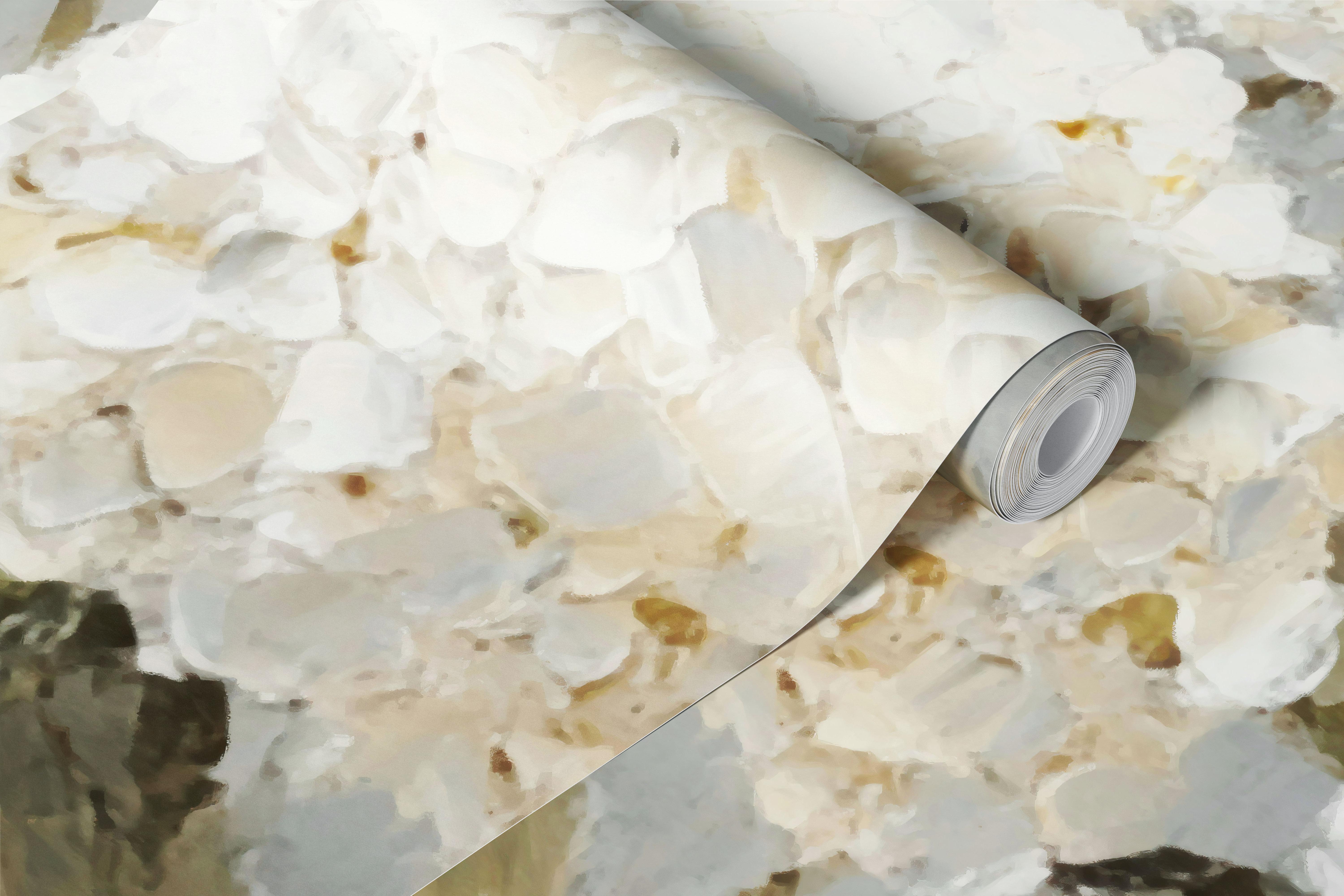 White hydrangea wallpaper in a soft neutral room