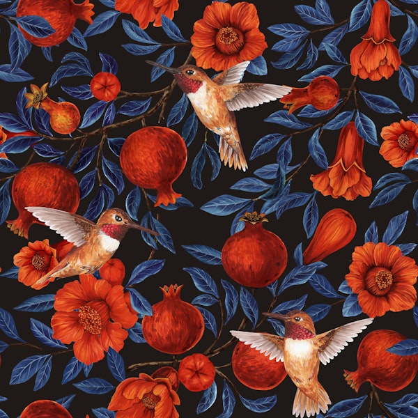 Pomegranates and hummingbirds