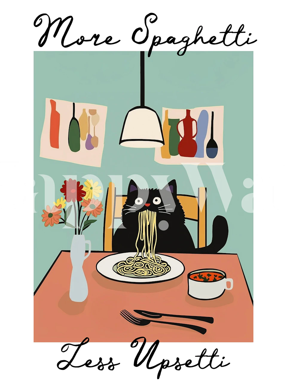 Cat eating spaghetti wallpaper design