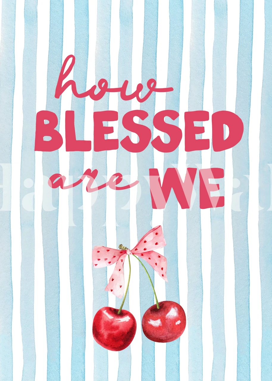 Pastel blue striped wallpaper with red cherries and pink bow accents wallpaper