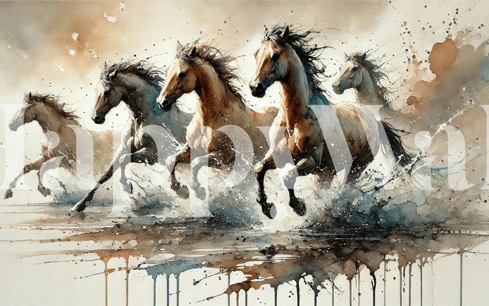 Four galloping horses splashed with watercolor hues, abstract style wallpaper