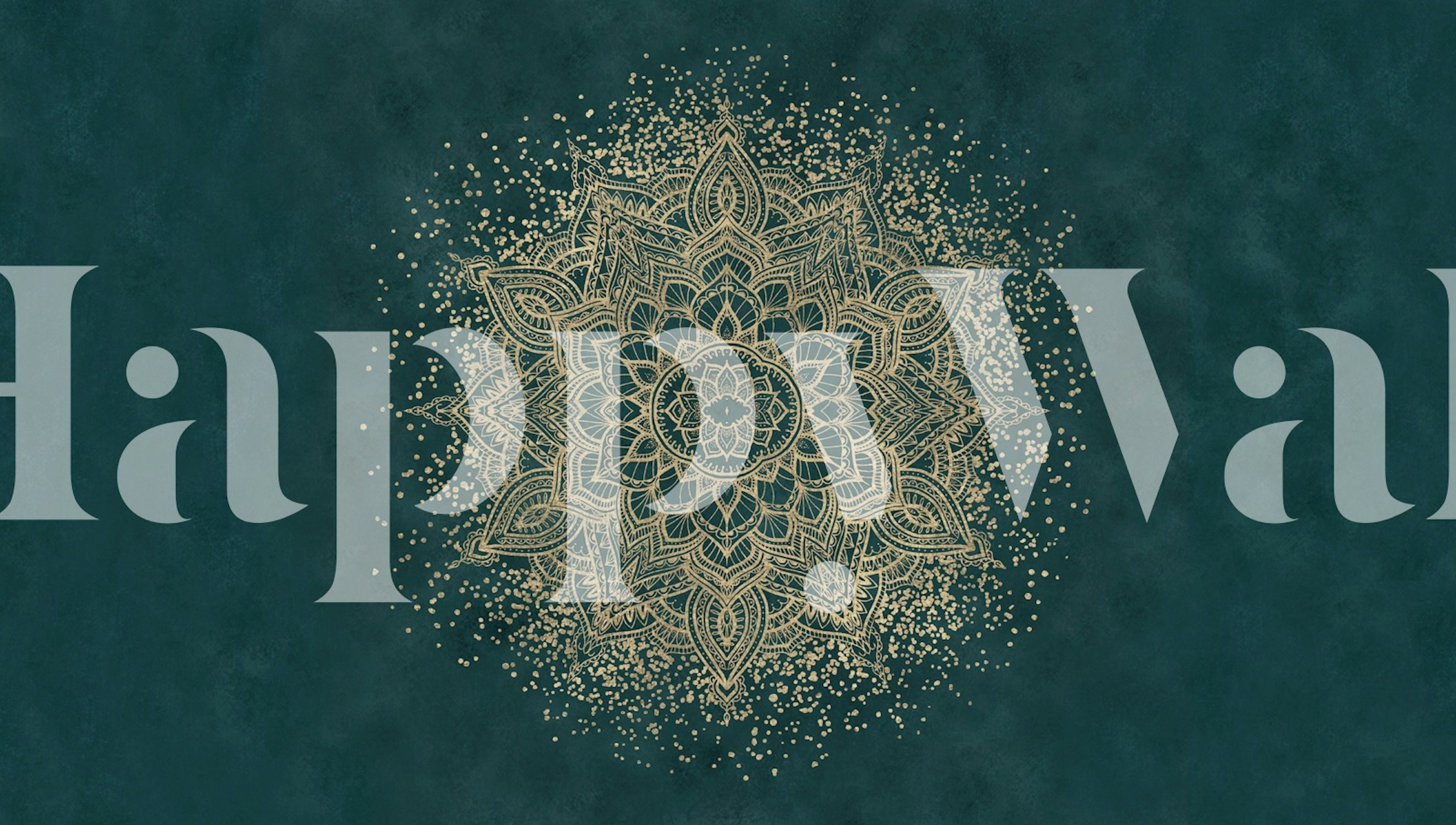 Gold mandala design on dark green wallpaper