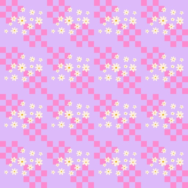Grid stripes with daisies - violet and pink