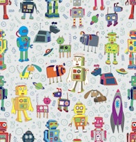 Robots in Space - multicoloured on grey large tapetit