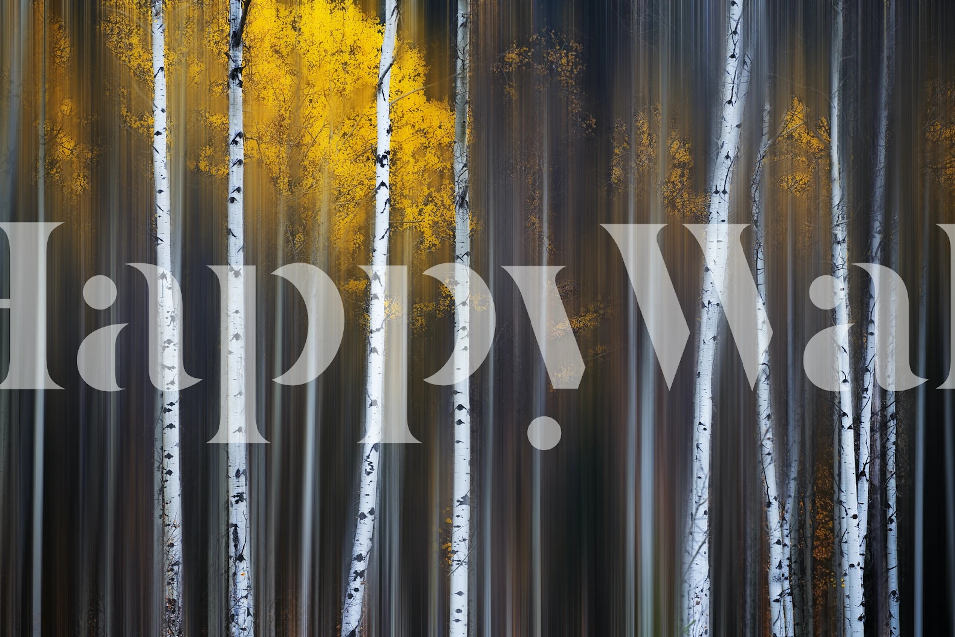 Autumn forest wall mural with golden leaves and vertical tree trunks