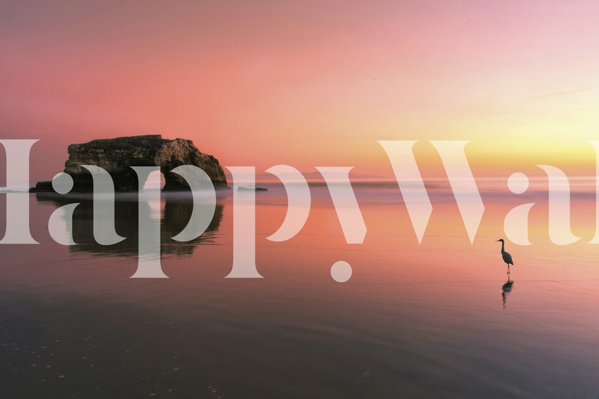 Beautiful sunset over a beach, reflective water, natural bridge silhouette, pink and orange gradient wallpaper