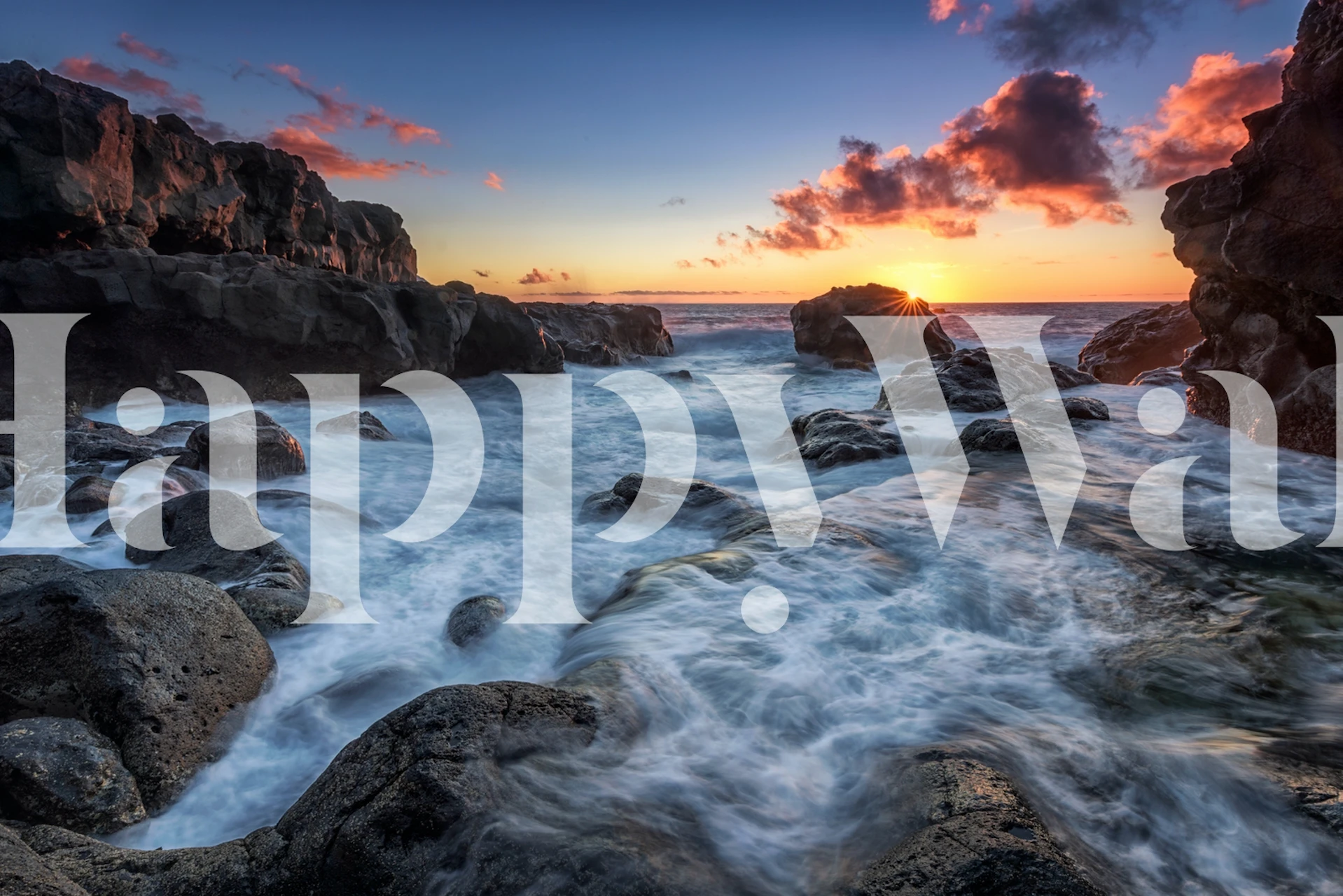 Ocean landscape at sunset with rocks and waves wallpaper