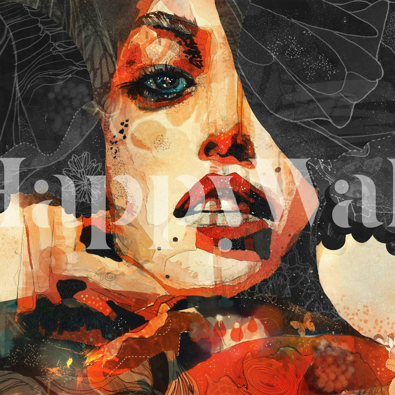 Abstract portrait of a woman with vivid colors and patterns wallpaper