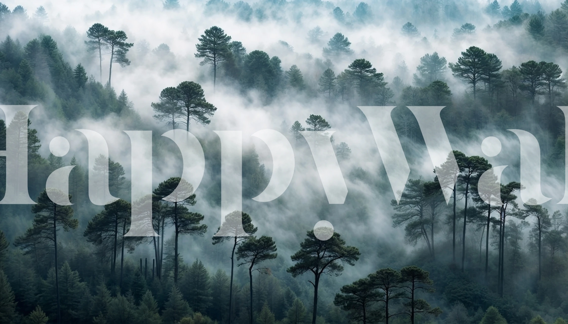Tall pine trees in a misty forest, green toned wallpaper