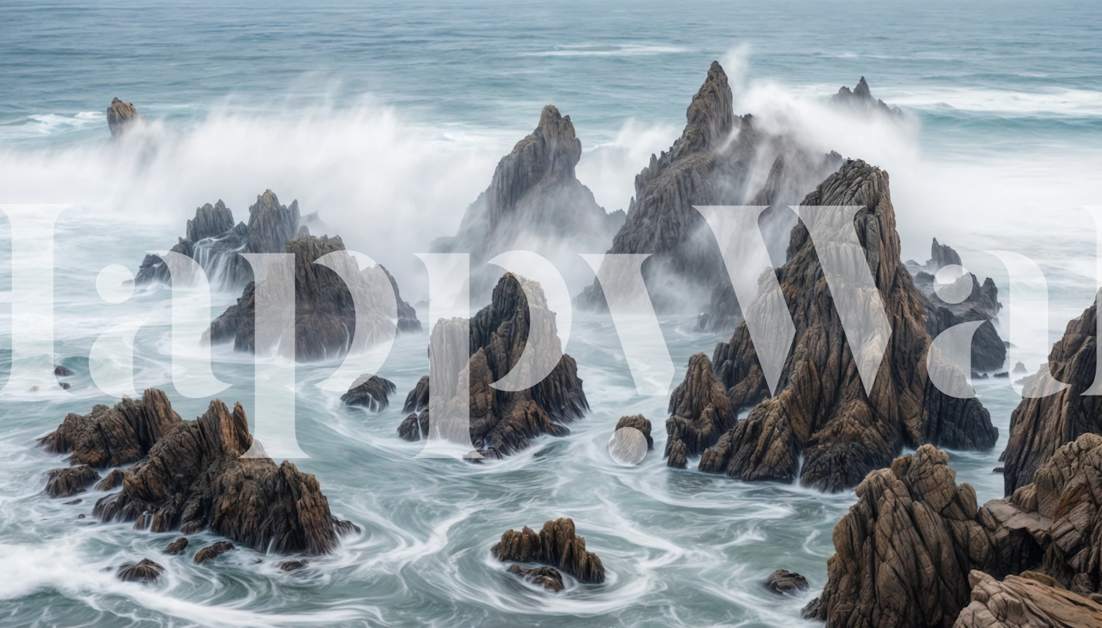 Rocky seascape with blue waves and mist wallpaper