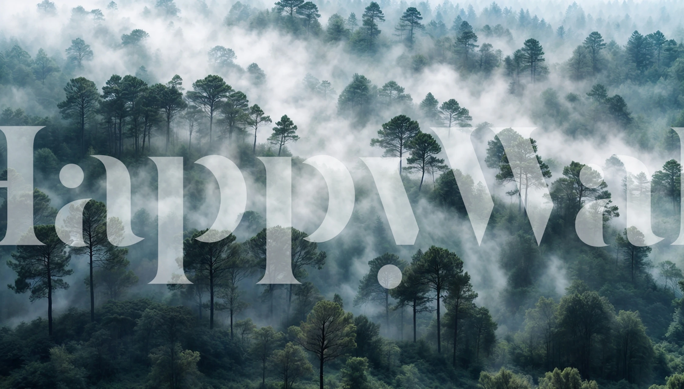 Foggy woodland scene with evergreen trees and misty background wallpaper