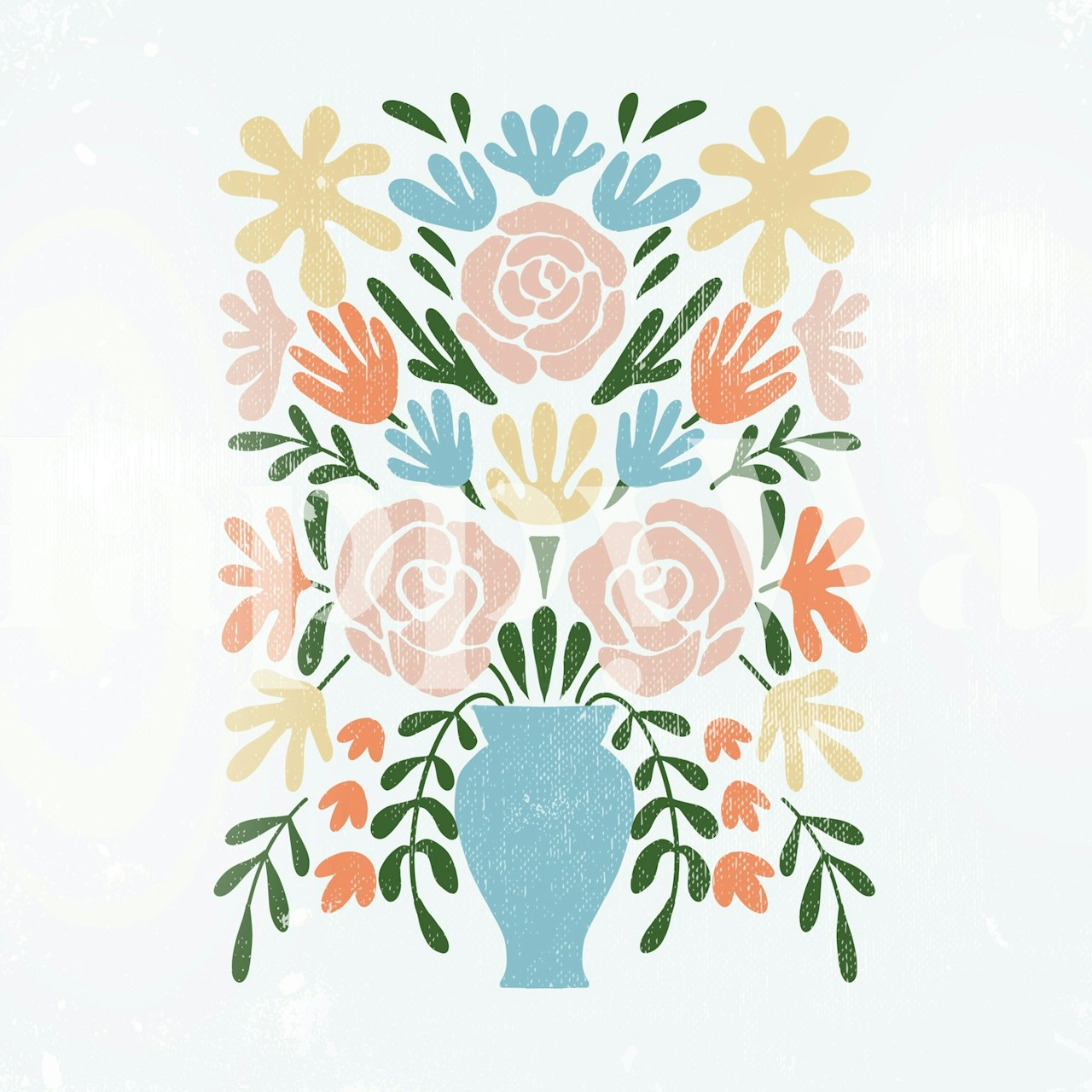 Colorful floral bouquet with blue vase, modern wallpaper