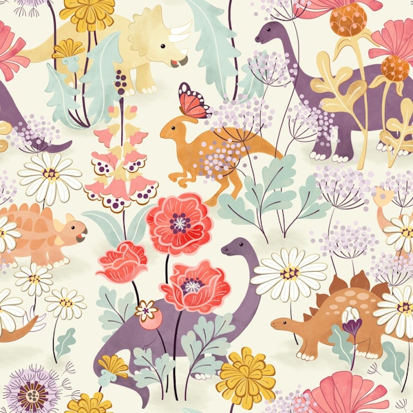 Dinosaurs in wildflowers garden (large scale)