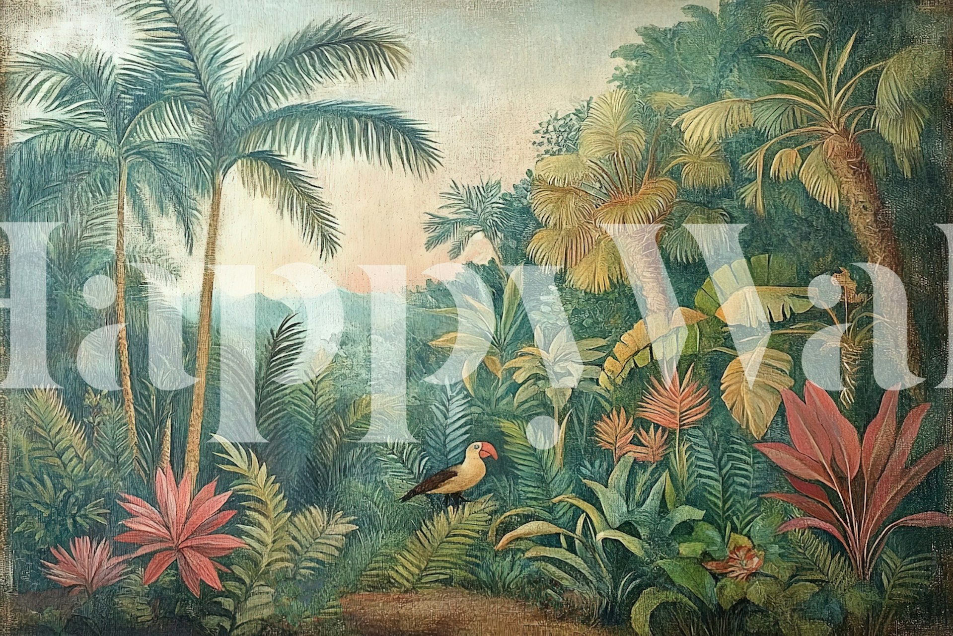 Tropical jungle scene with pink plants and palm leaves wallpaper