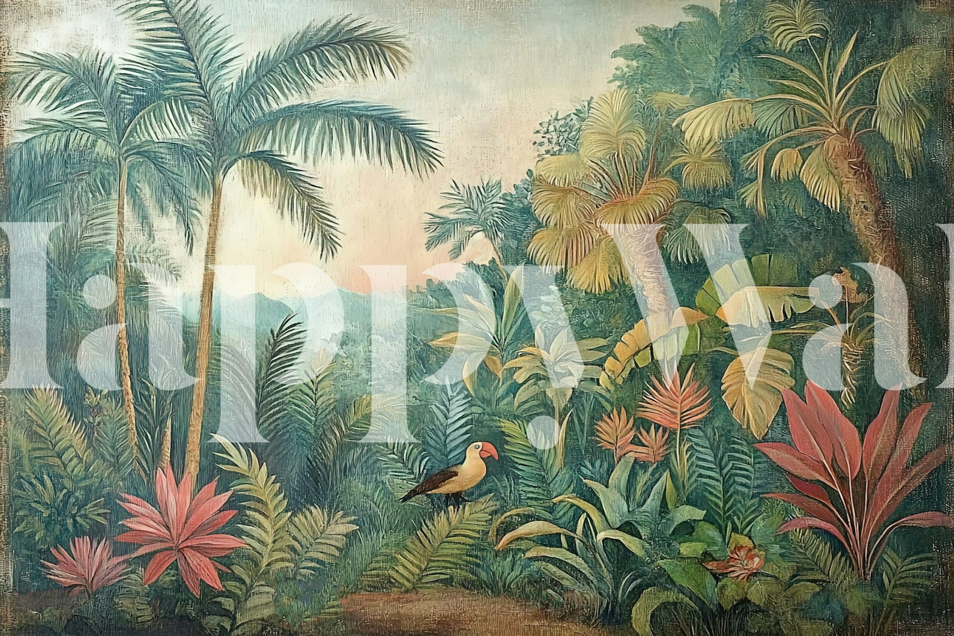 Tropical jungle scene with pink plants and palm leaves wallpaper