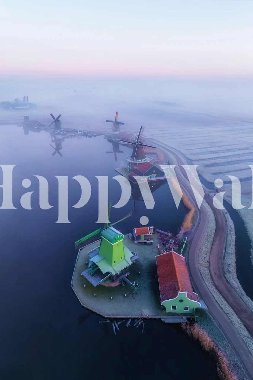 Colorful windmills and serene waters in a misty landscape wallpaper