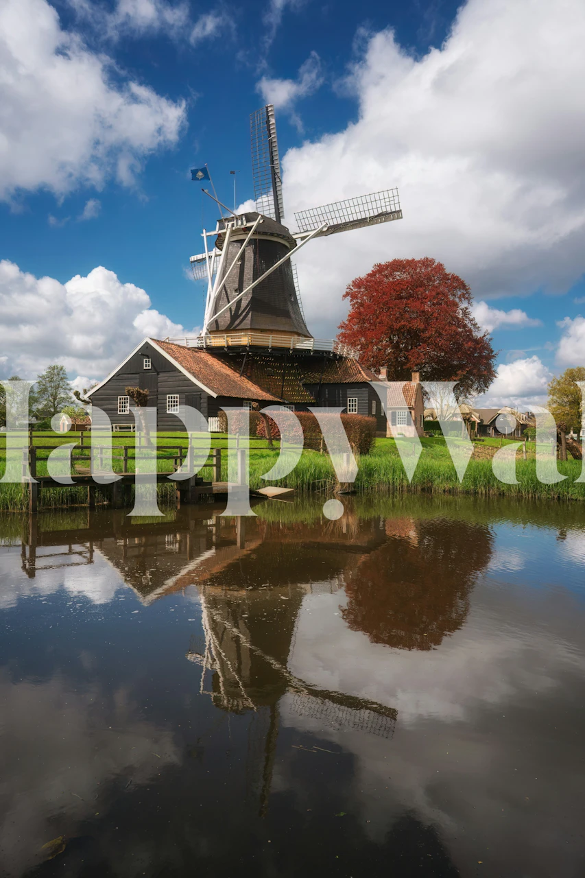Windmill, trees, and water reflection in Dutch countryside wallpaper