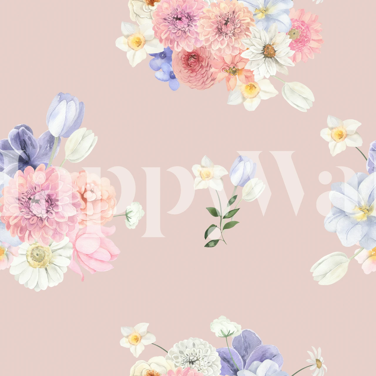 Pink floral wallpaper featuring various colorful flowers on soft pink background