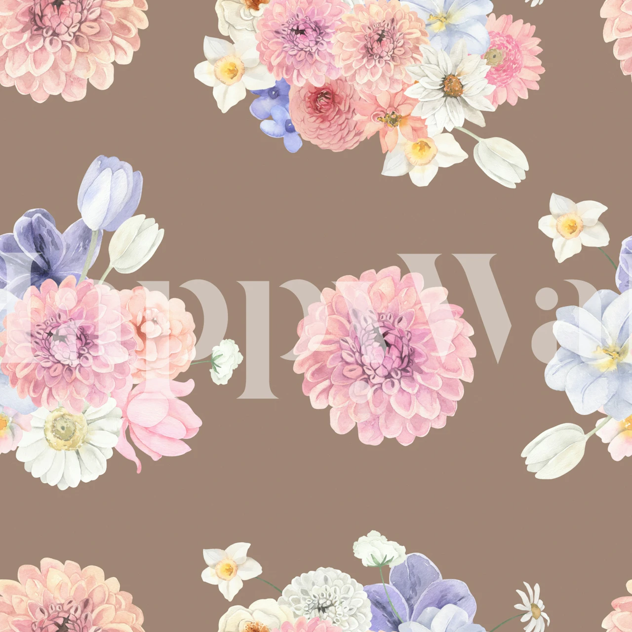 Pink and purple floral wallpaper featuring dahlias and wildflowers on brown background