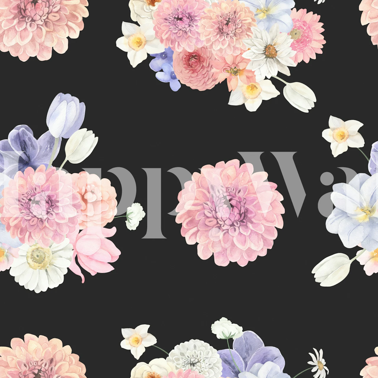 Hand-painted floral wallpaper featuring pink and pastel flowers on black background.