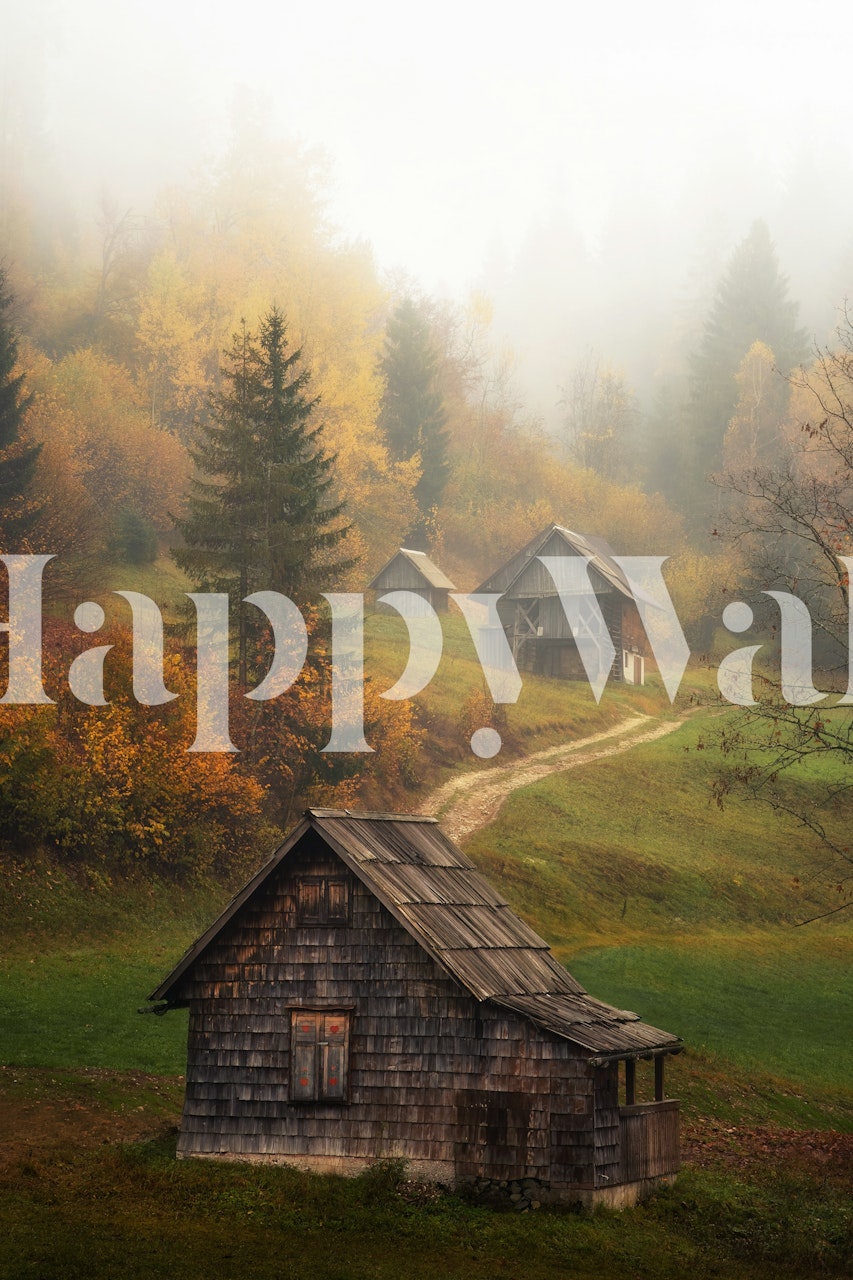 Rustic Cabin in Misty Forest in Slovenia tapet i lugn skogs miljö