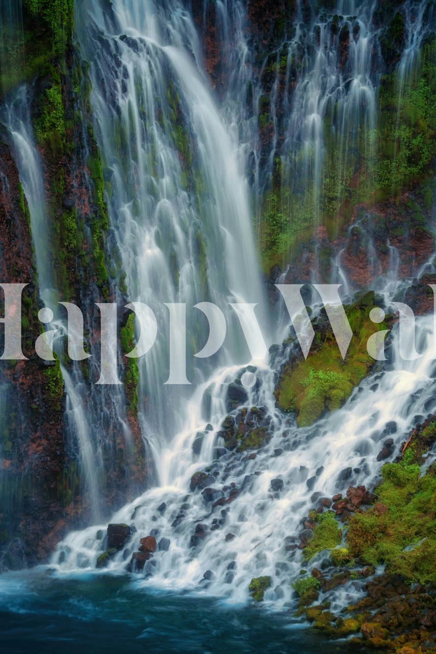 Flowing waterfall in a green forest setting wallpaper