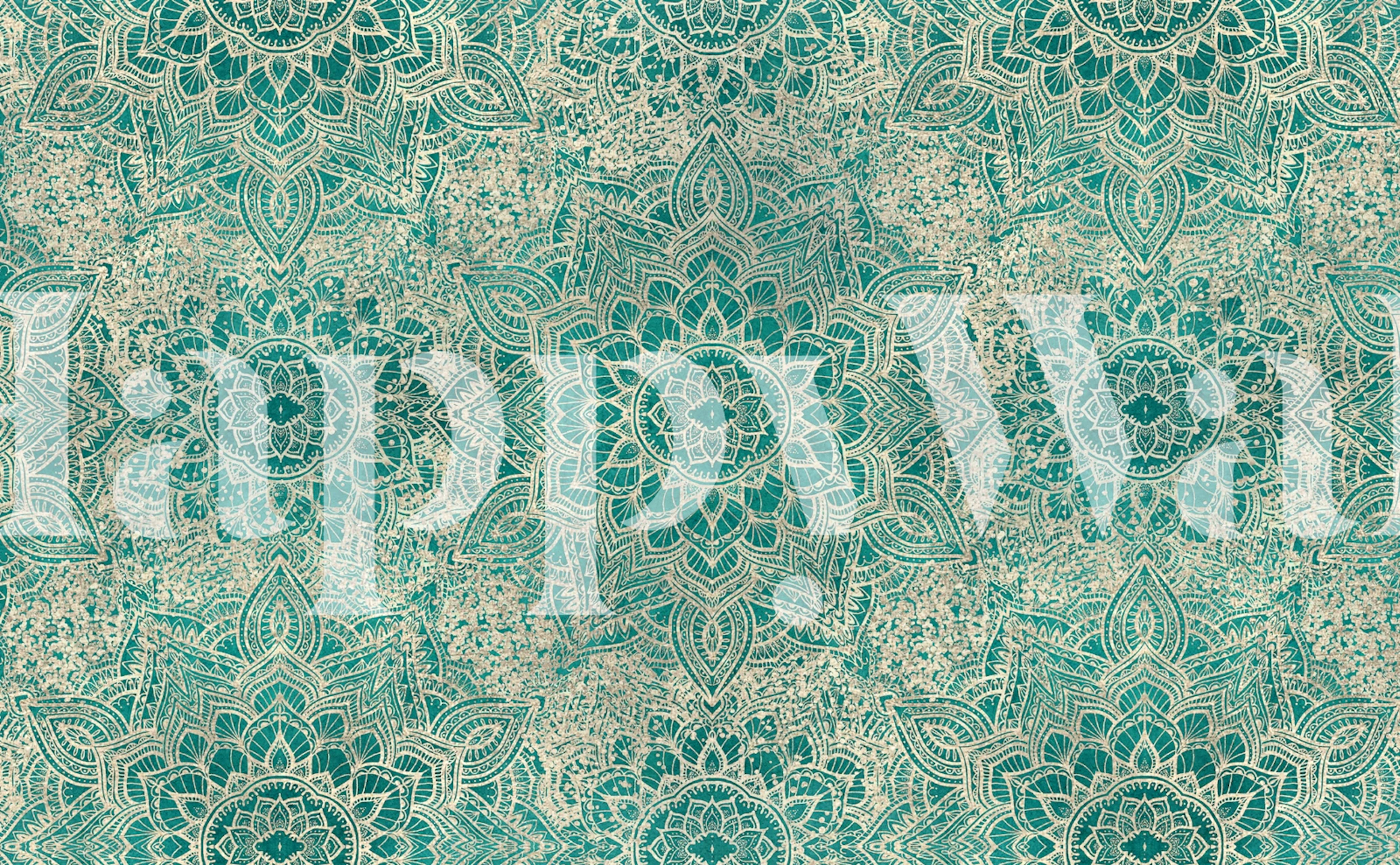 Boho style mandala pattern in emerald green and beige wallpaper