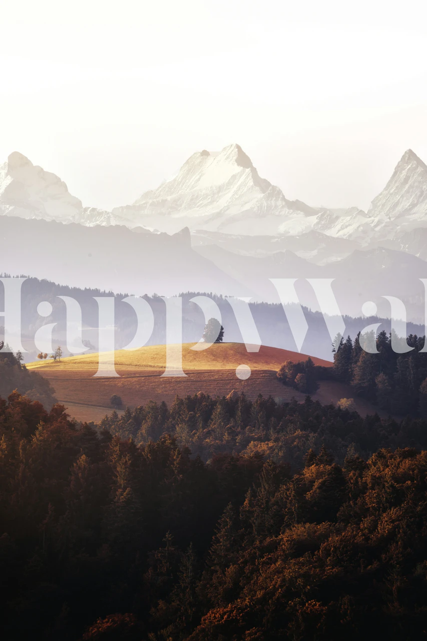 Serene mountain landscape in warm tones with trees and hills wallpaper