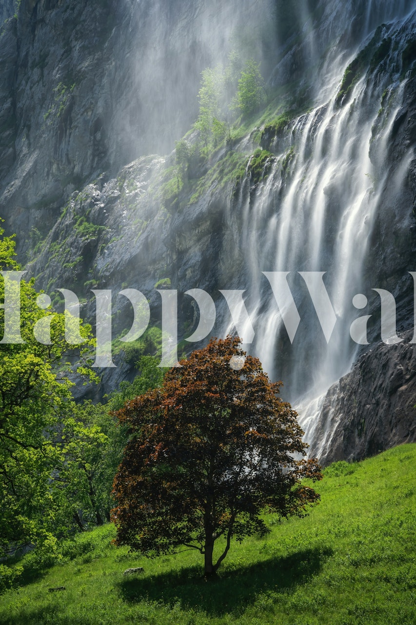 Waterfall with lush green landscape and rocky background wallpaper