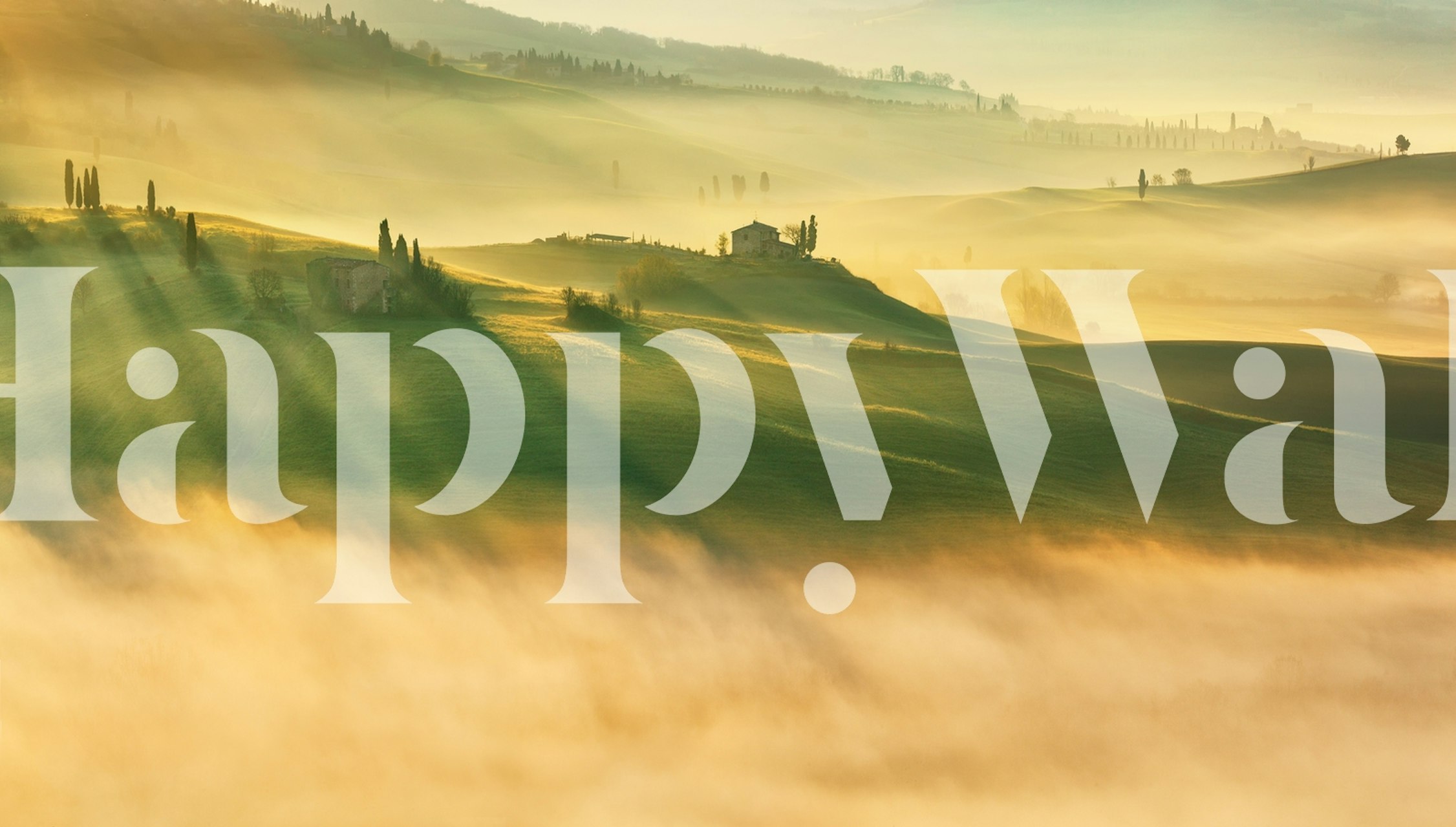 Foggy valley landscape with rolling hills and distant house wallpaper