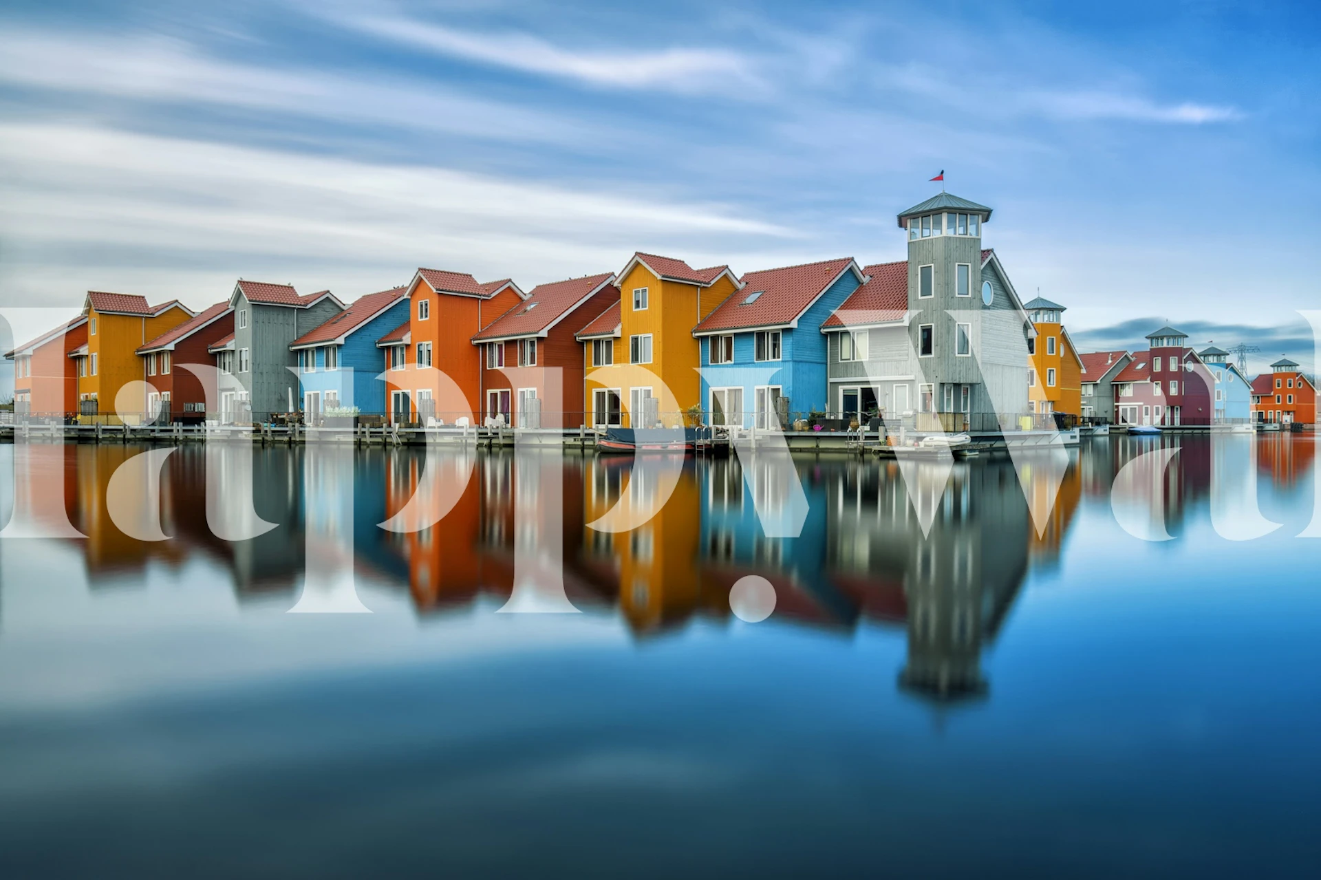 Vibrant waterside homes wallpaper in a room