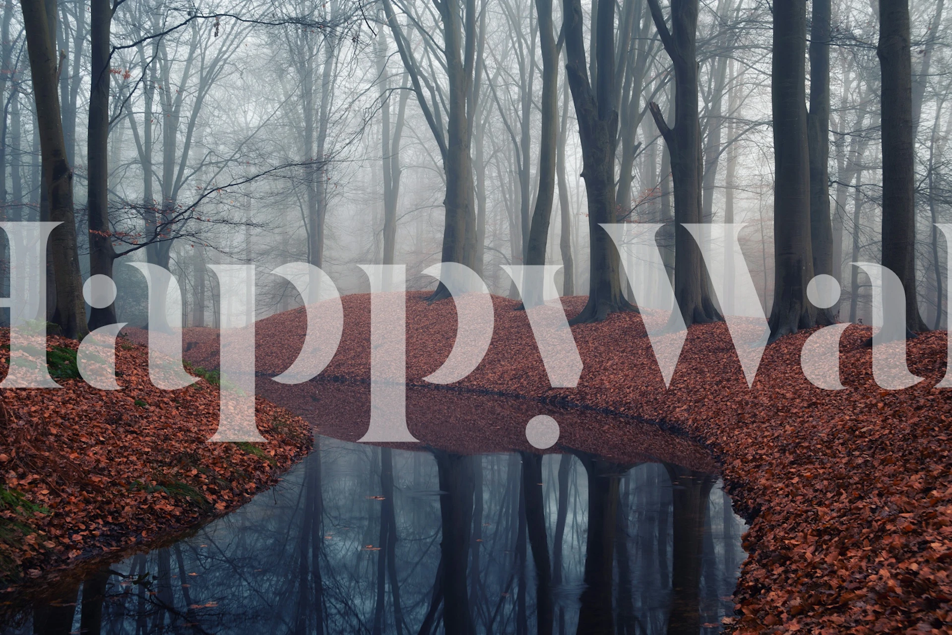 Foggy woodland pathway wallpaper design